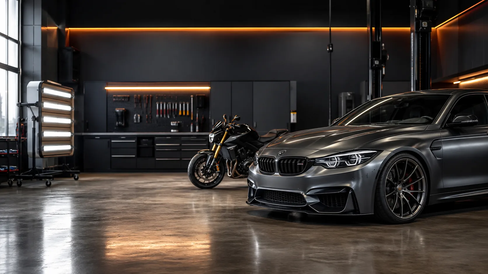Modern car and motorbike in a professional workshop
